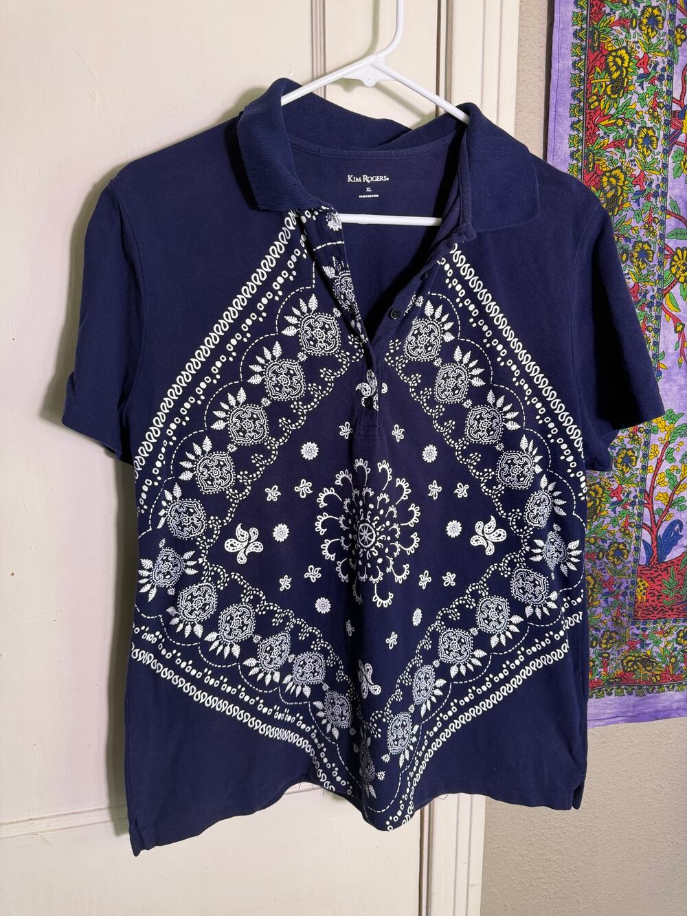 Kim Rogers XL Navy Bandana Paisley Polo Shirt Western Boho Short Sleeve